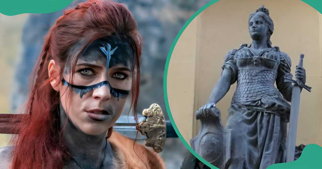 Frida Gustavsson, who plays Freydís Eiríksdóttir (L), a statue of Freydís Eiríksdóttir (R) Frida Gustavsson, who plays Freydís Eiríksdóttir (L), a statue of Freydís Eiríksdóttir (R)