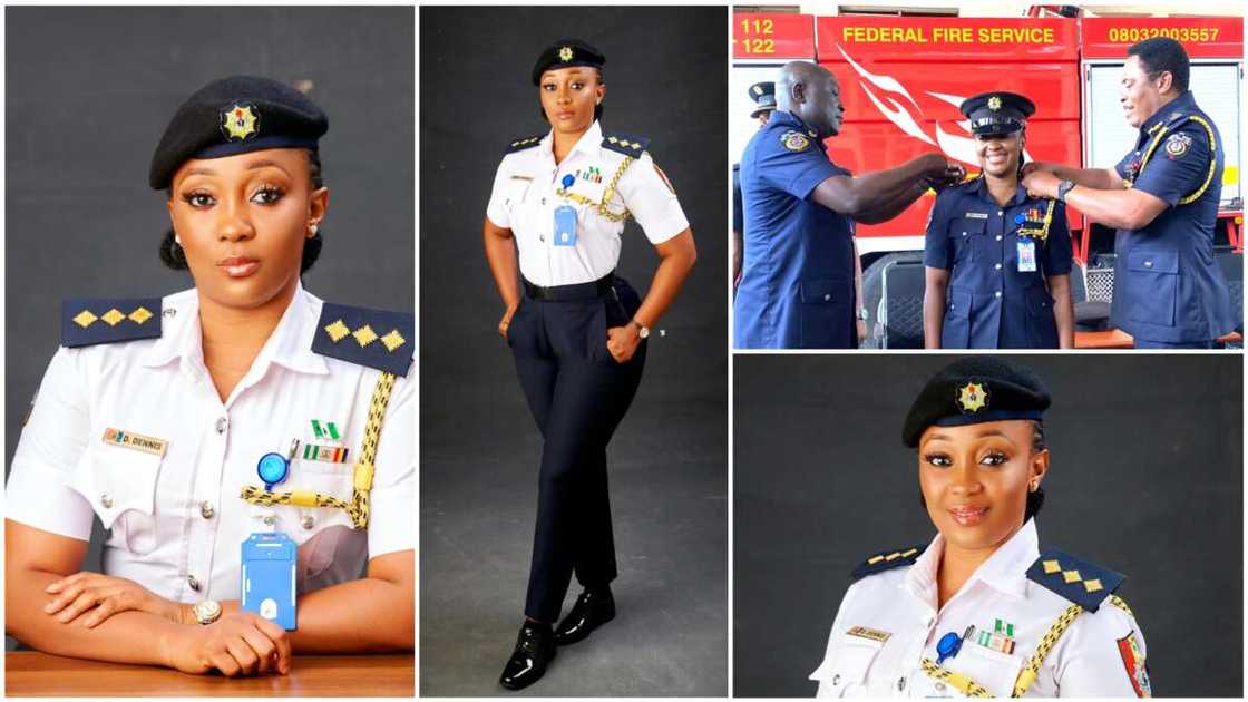 A collage showing the beautiful woman in her fire service uniform.
Photo source: Twitter/@cutedoosh A collage showing the beautiful woman in her fire service uniform.
Photo source: Twitter/@cutedoosh