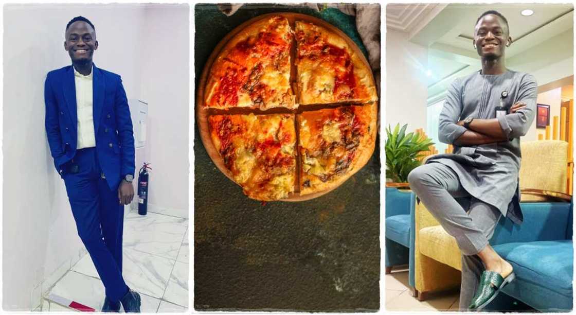 Man gets pizza delivered to him by his secondary school classmate. Man gets pizza delivered to him by his secondary school classmate.