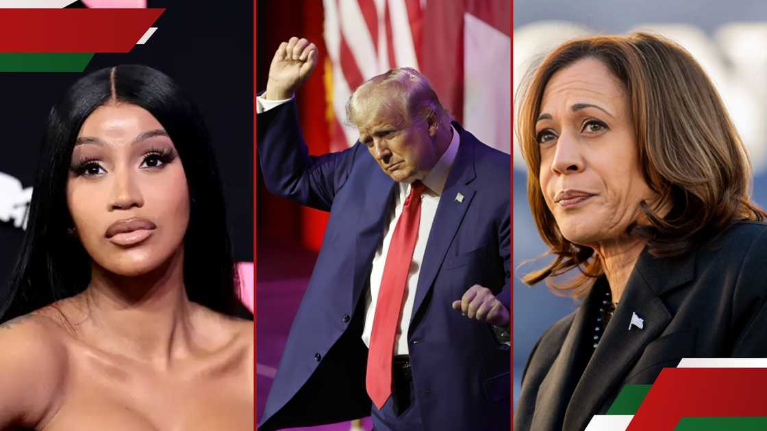 Cardi B (l), Donald Trump (c) and Kamala Harris (r).