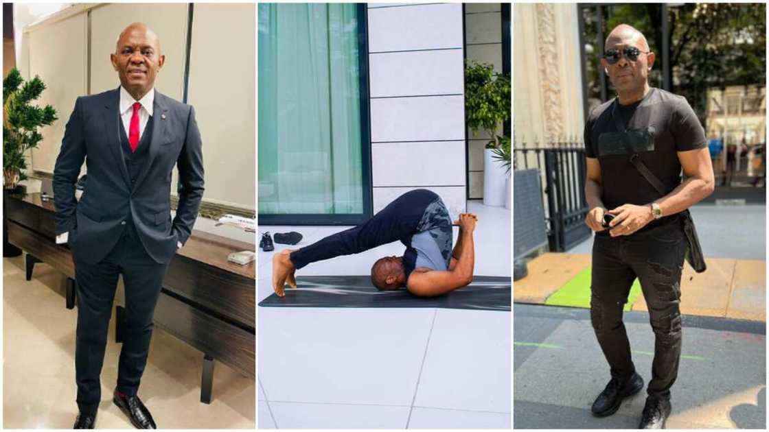Transcorp chairman/Tony Elumelu on yoga mat. Transcorp chairman/Tony Elumelu on yoga mat.