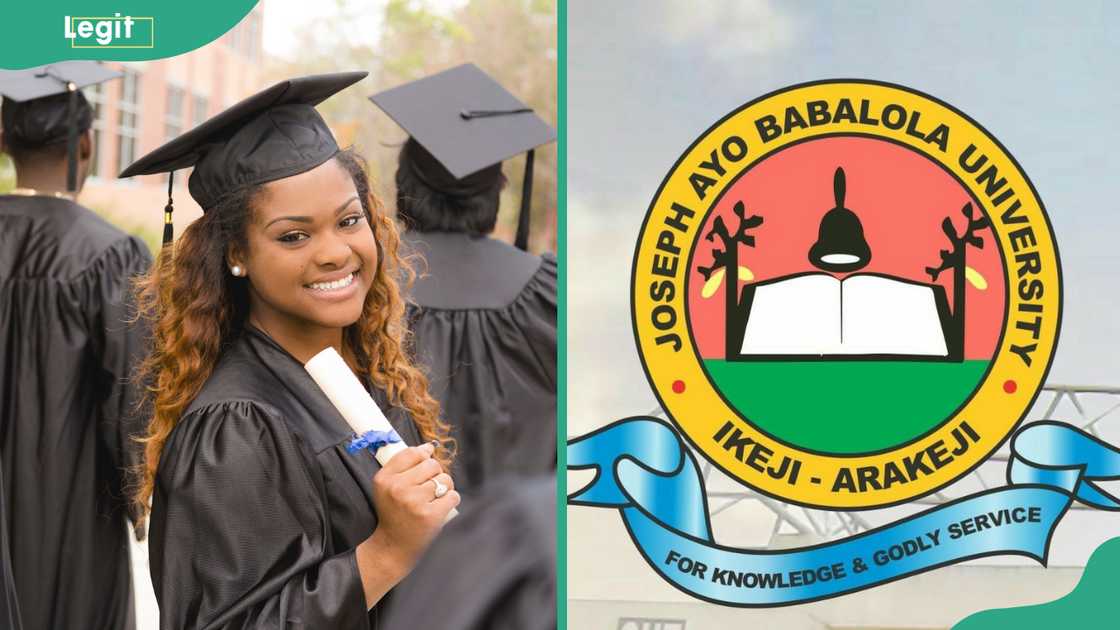 A lady holding her diploma after the college graduation (L). Joseph Ayo Babalola University logo (R)