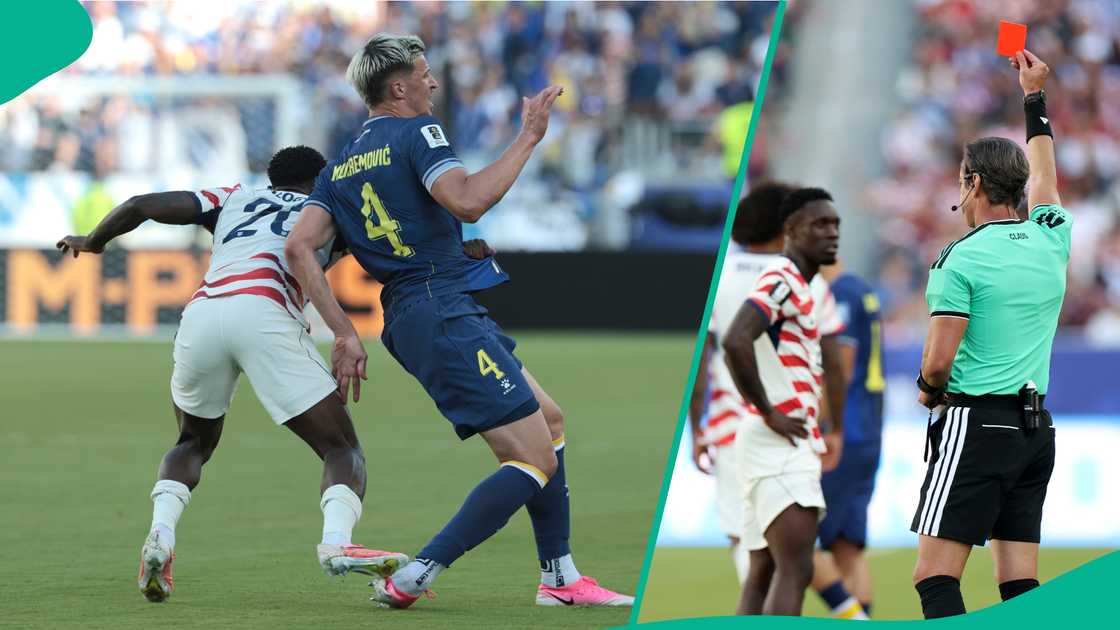 USA's Folarin Balogun steps on Bosnia's Tarik Muharemovi foot and received a red card. Photo by Robert Gauthier USA's Folarin Balogun steps on Bosnia's Tarik Muharemovi foot and received a red card. Photo by Robert Gauthier
