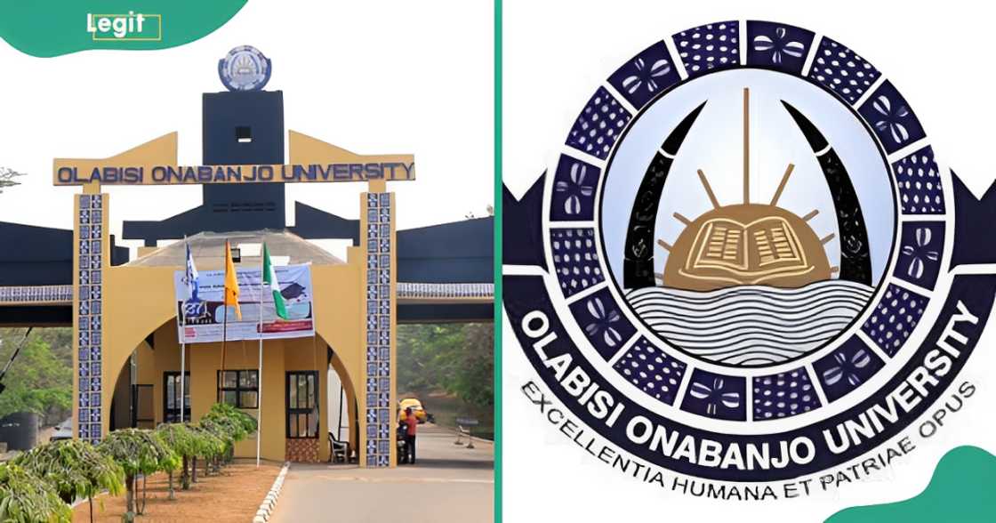 Olabisi Onabanjo University entrance (L) and logo (R).