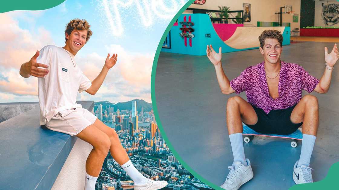 YouTuber Ben Azelart sitting on a skater and on the edge of a building YouTuber Ben Azelart sitting on a skater and on the edge of a building