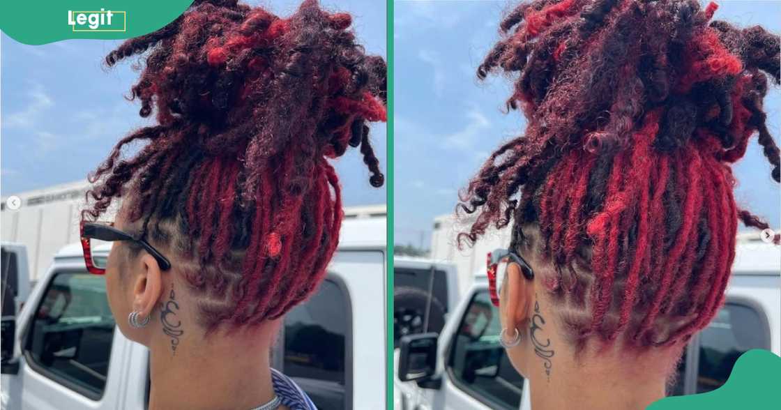 Red braided loc ponytail with bun desig Red braided loc ponytail with bun desig