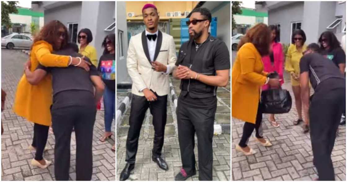 BBNaija star Sheggz prostrates to greet Groovy's mum. BBNaija star Sheggz prostrates to greet Groovy's mum.