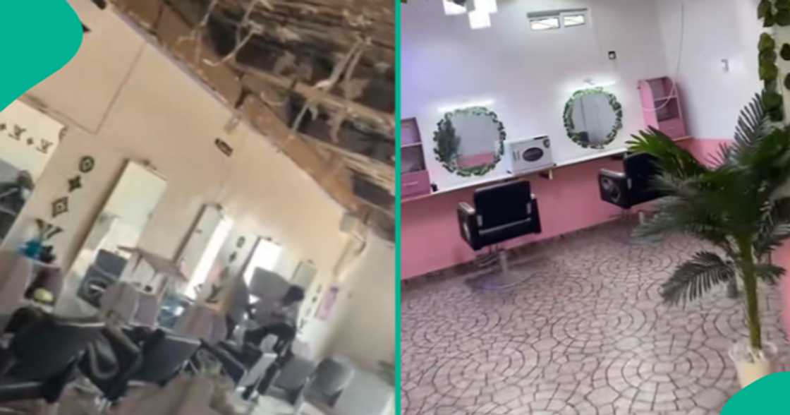 Man in pain as he shows the heartbreaking condition of his barbing salon.