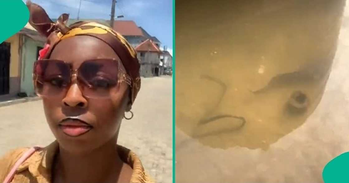 Lady cries out after seeing fish swimming inside her rented compound. Lady cries out after seeing fish swimming inside her rented compound.