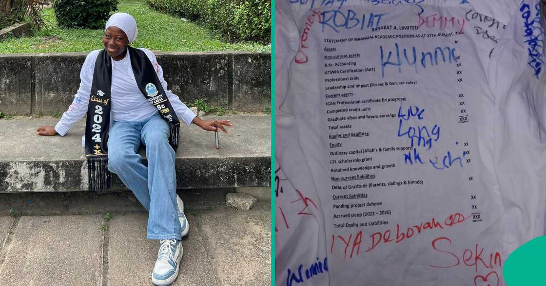 Accounting graduate displays inscription on sign-out shirt.