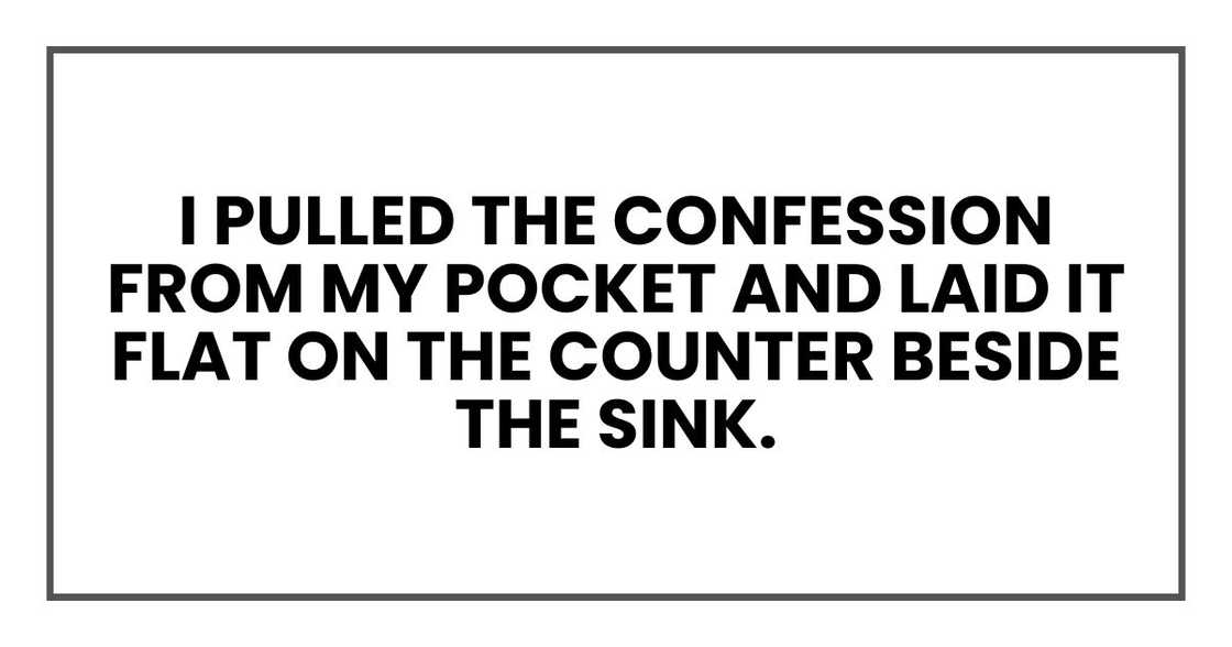 I pulled the confession from my pocket and laid it flat on the counter beside the sink. I pulled the confession from my pocket and laid it flat on the counter beside the sink.