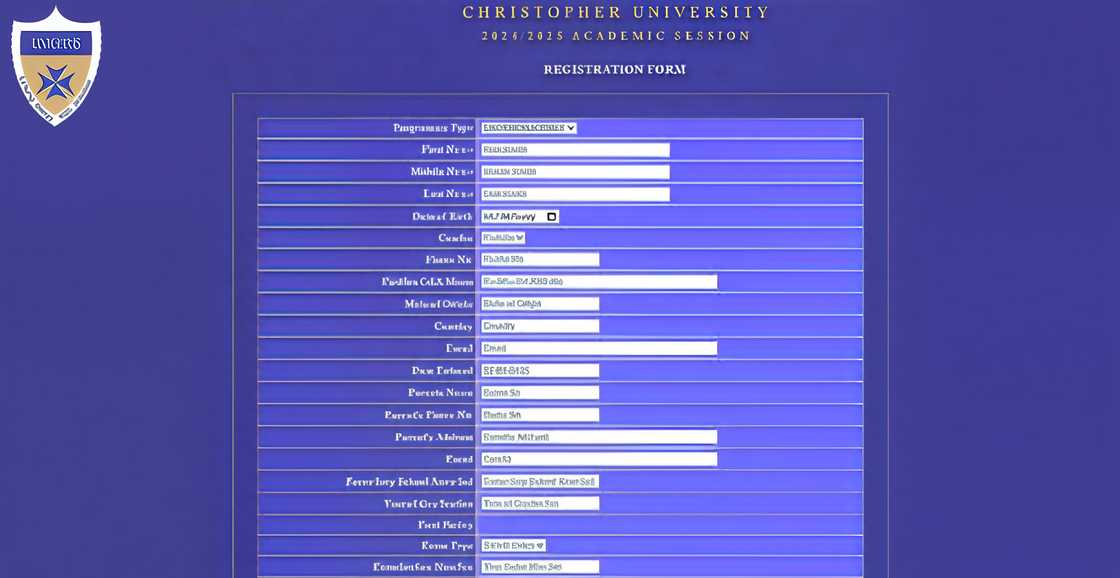 A screenshot of the Christopher University online application portal. A screenshot of the Christopher University online application portal.