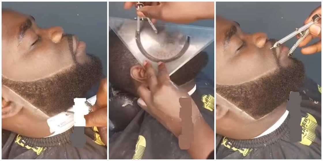 Barber cuts client's hair. Barber cuts client's hair.
