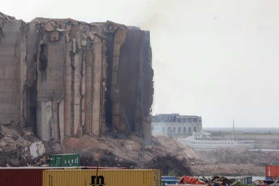 The heavily damaged grain silos at Beirut port following a partial collapse on Sunday