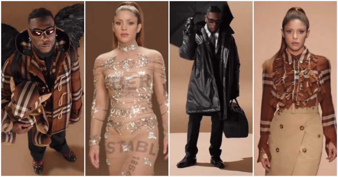 Burna Boy and Shakira on Burberry's Christmas campaign. Burna Boy and Shakira on Burberry's Christmas campaign.
