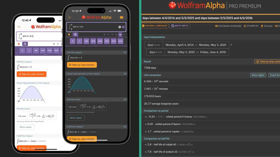 A screenshot showing WolframAlpha app pages.