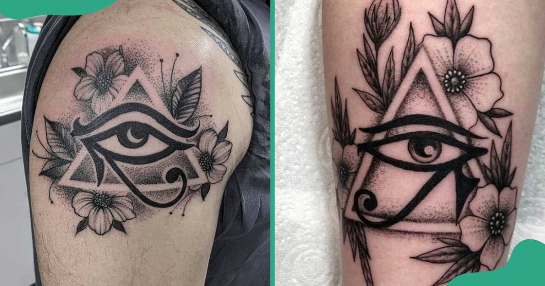 Floral Eye of Horus tattoos on the arm and leg Floral Eye of Horus tattoos on the arm and leg