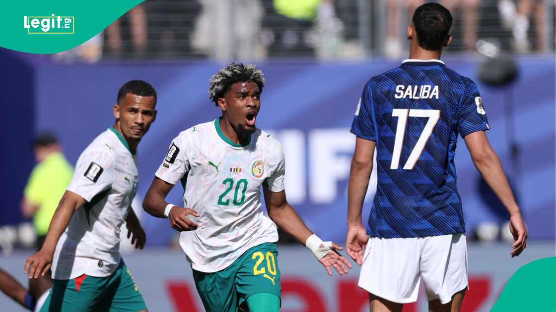 Ibrahim Mbaye of Senegal celebrates scoring against France at New York New Jersey Stadium. Photo by Kevin Cox