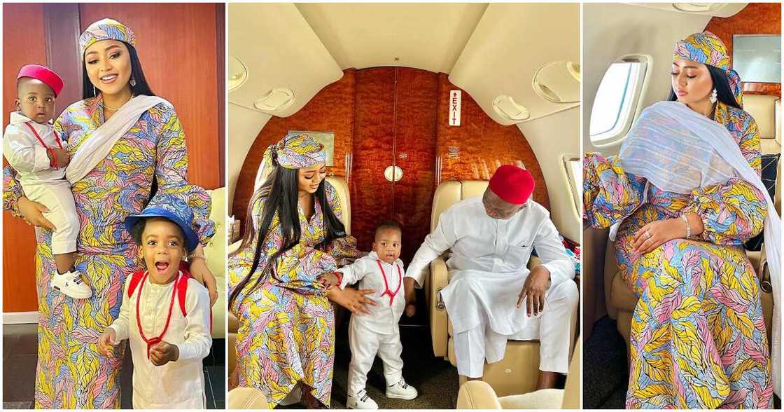 Regina Daniels and Ned Nwoko with kids in private jet. Regina Daniels and Ned Nwoko with kids in private jet.