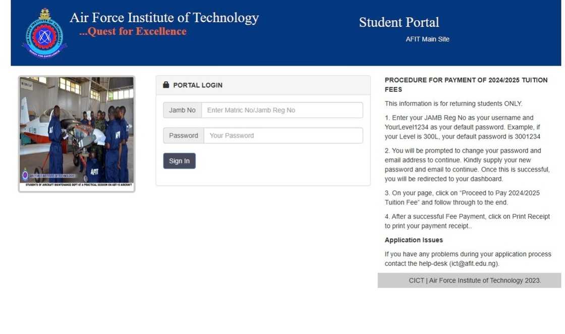 A screenshot of the AFIT student's portal