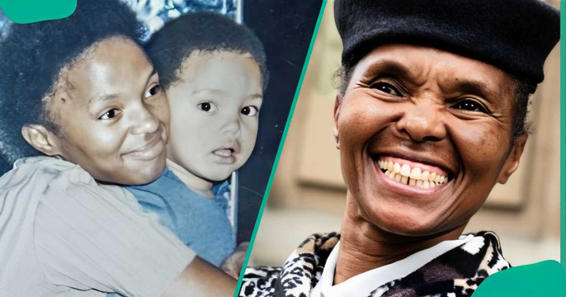 A young Trevor Noah and his mom pictured in an embrace (L). Patricia Nombuyiselo Noah is pictured against a brown background (R).