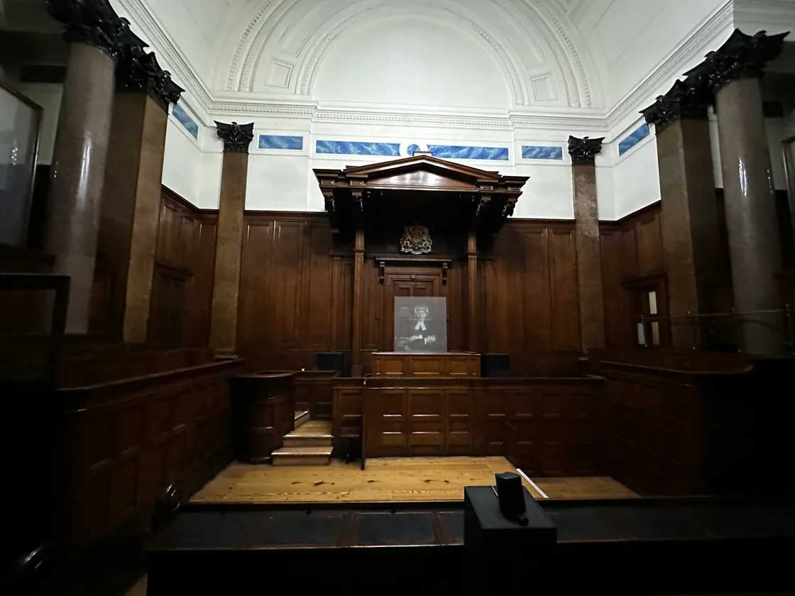 The interior of a courtroom The interior of a courtroom