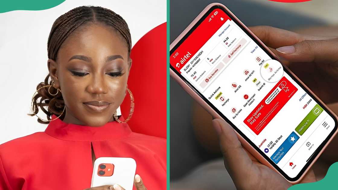 A lady in red using a smartphone (L). A smartphone displaying Airtel page (R) A lady in red using a smartphone (L). A smartphone displaying Airtel page (R)