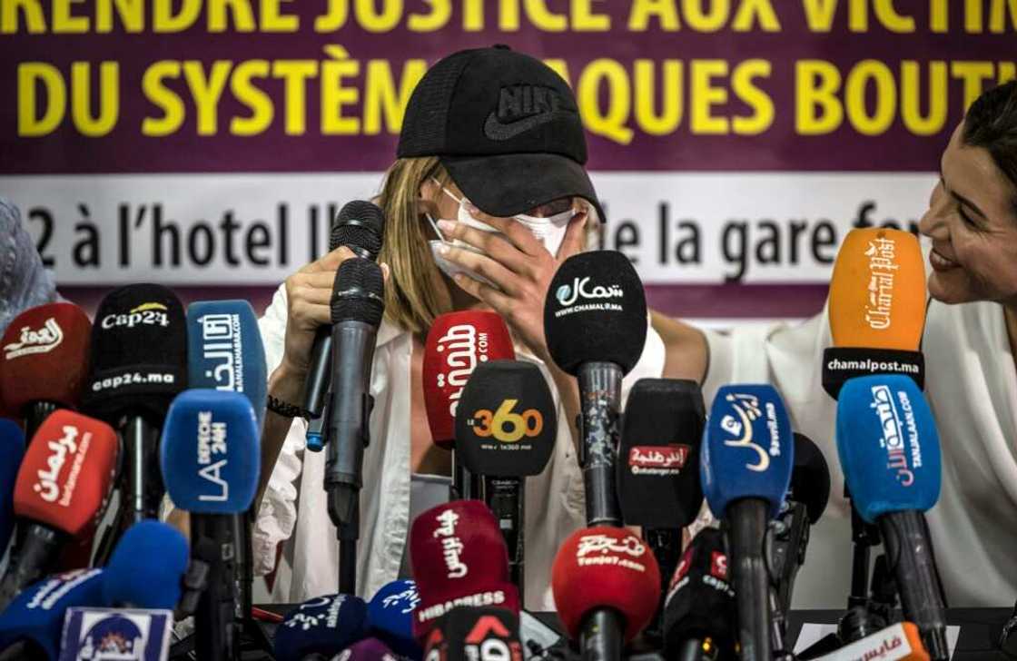 An accuser reacts during a news conference organised by the Moroccan Association for the Rights of Victims (AMDV) in Tangiers in northern Morocco on June 17 An accuser reacts during a news conference organised by the Moroccan Association for the Rights of Victims (AMDV) in Tangiers in northern Morocco on June 17