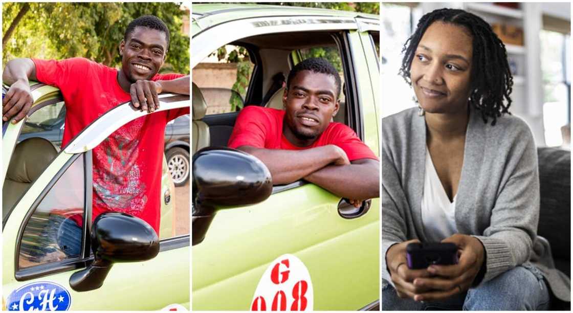 Photos of a man in a taxi and a lady sitting down. Photos of a man in a taxi and a lady sitting down.