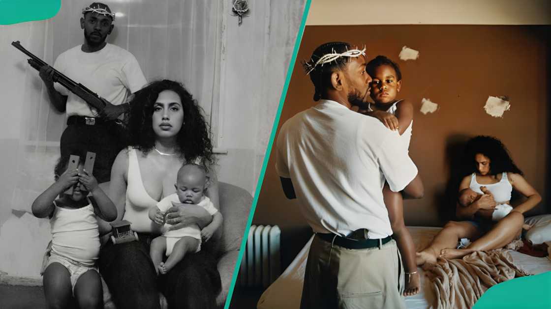 Kendrick Lamar and his family during an album cover photo shoot session Kendrick Lamar and his family during an album cover photo shoot session