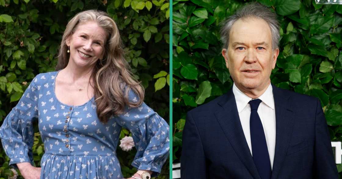 Melissa Gilbert pictured in a blue floral dress for Modern Praire (L). Timothy Hutton attended the 2025 Gotham Film Awards in New York City (R).