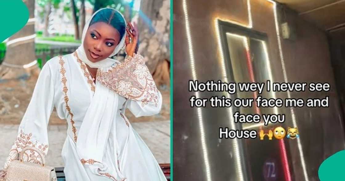 Lady left in awe after seeing the design of her neighbour's entrance to his room. Lady left in awe after seeing the design of her neighbour's entrance to his room.