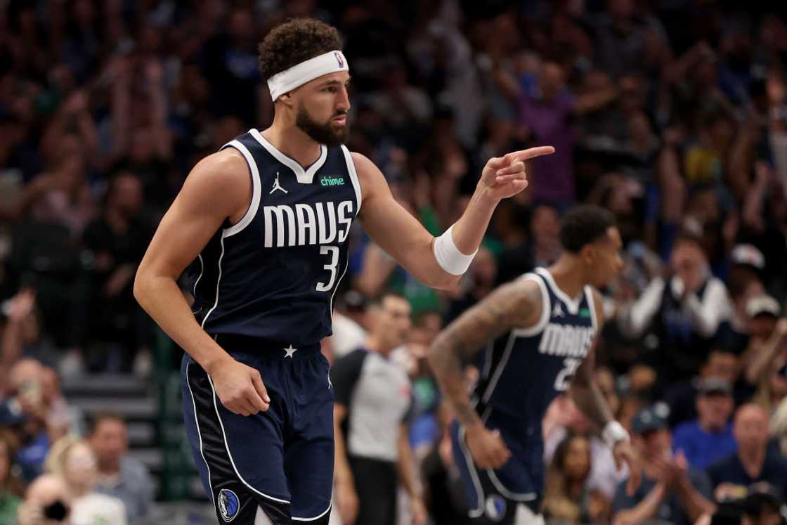 Klay Thompson reacts after scoring against the San Antonio Spurs in 2024 Klay Thompson reacts after scoring against the San Antonio Spurs in 2024