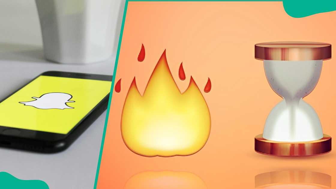 A snapchat logo on a black smartphone (L), and Snapchat fire and hourglass emojis (R)