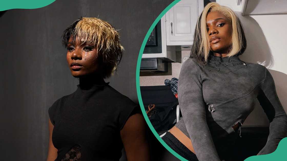 Singer Salle poses in black and grey tops Singer Salle poses in black and grey tops