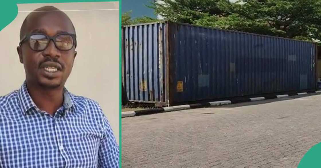 Man converts 40 feet shipping container to office building. Man converts 40 feet shipping container to office building.