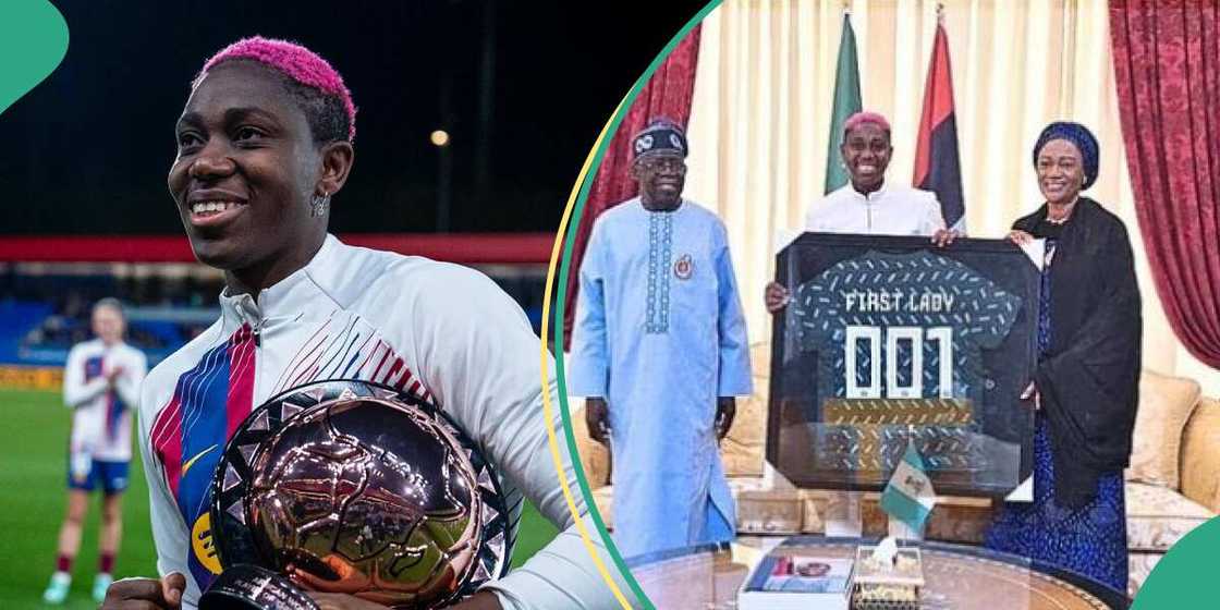 Asisat Oshoala visits Tinubu and wife, presents CAF award to them.