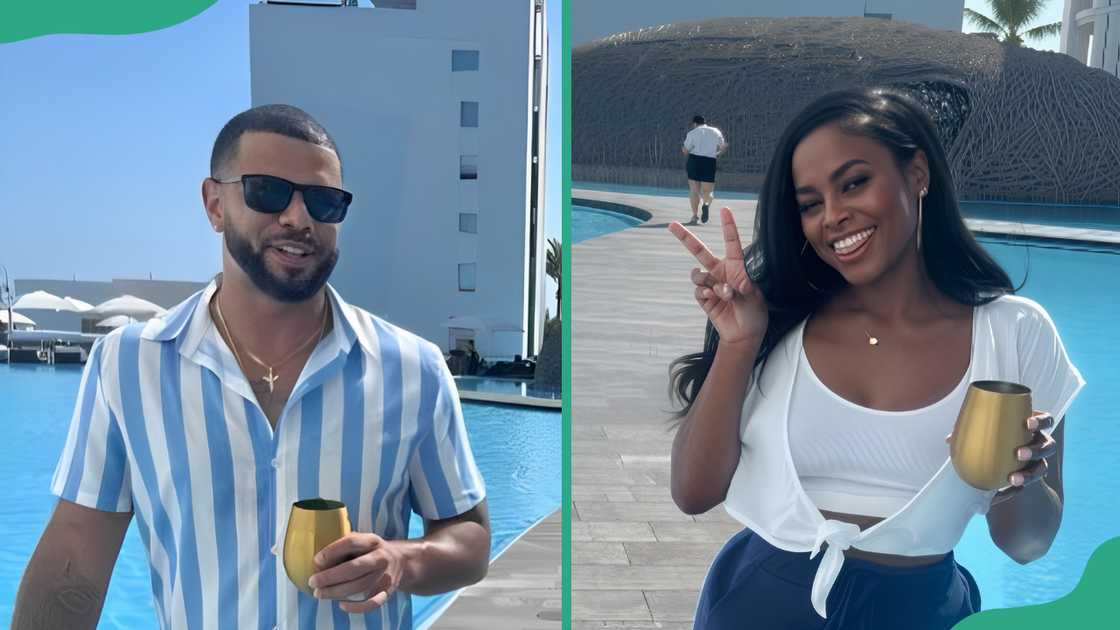 Tyler walking by the pool holding a drink (L). Ashley posing by the poolside with a drink (R)