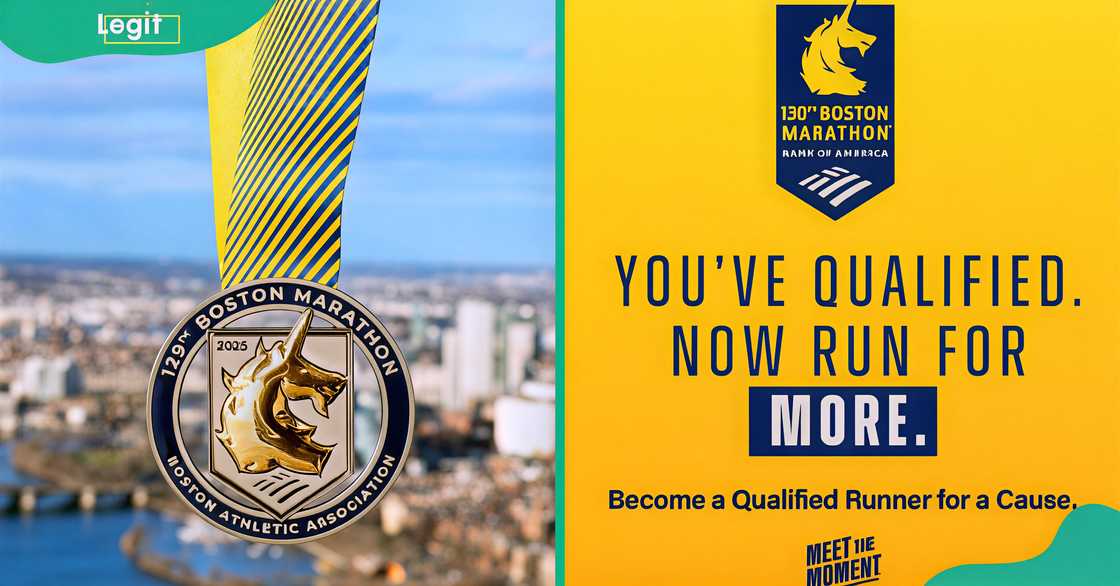 A close-up of a Boston Marathon medal and promotional poster qualifying for Boston Marathon A close-up of a Boston Marathon medal and promotional poster qualifying for Boston Marathon