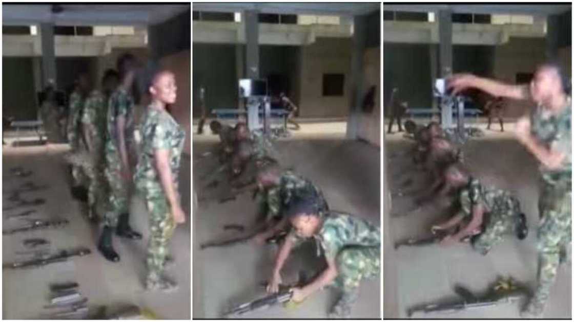 The lady jumped after coupling the rifle. The lady jumped after coupling the rifle.