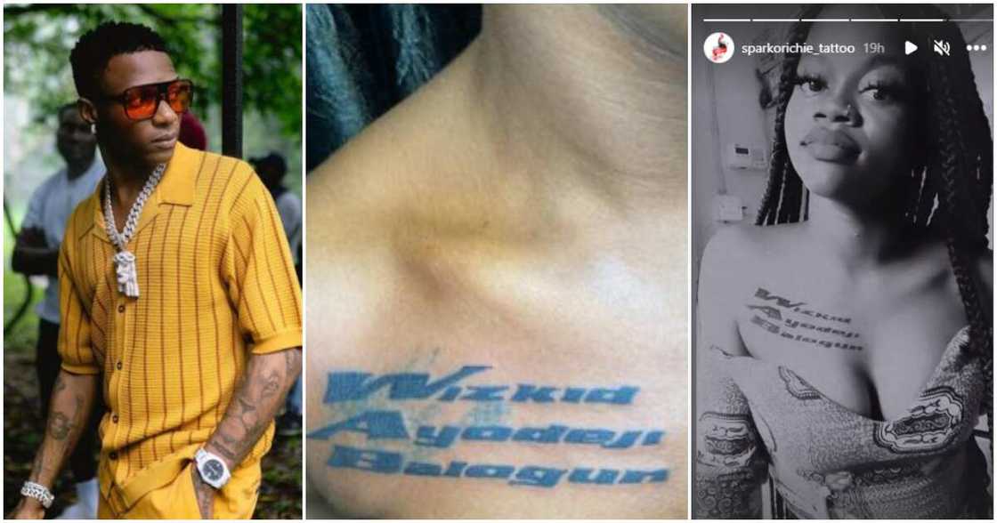 Wizkid's fan tattoos his full name on her chest. Wizkid's fan tattoos his full name on her chest.