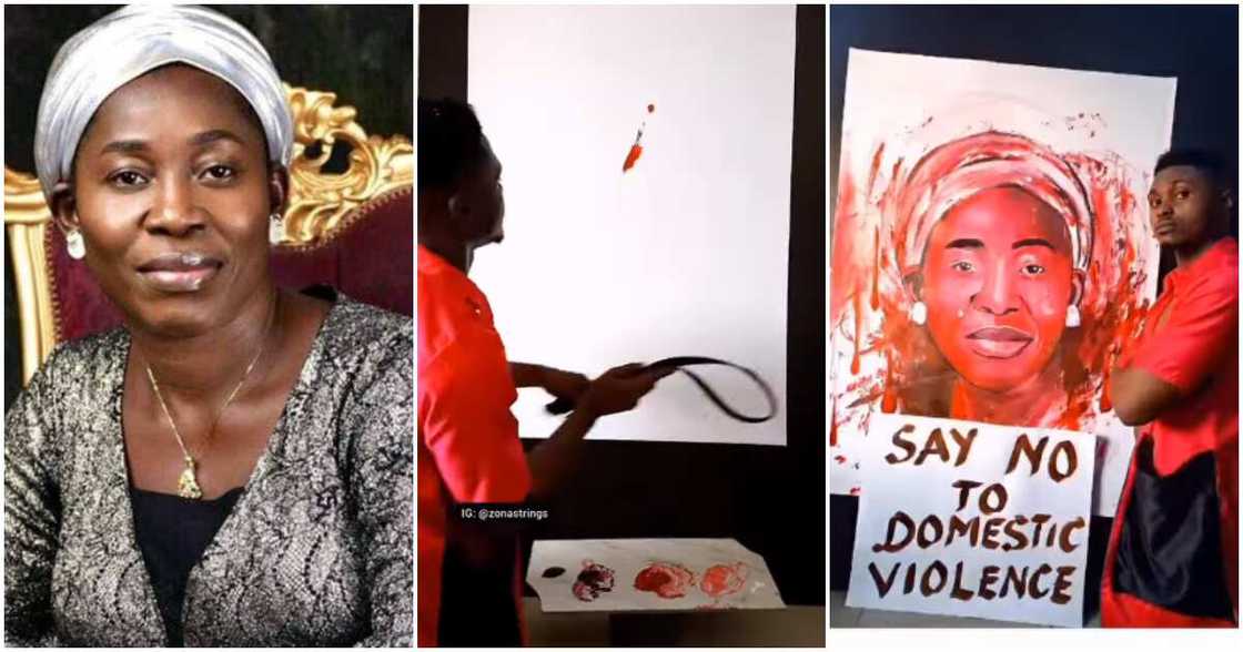 Osinachi: Artist draws singer's picture with belt. Osinachi: Artist draws singer's picture with belt.