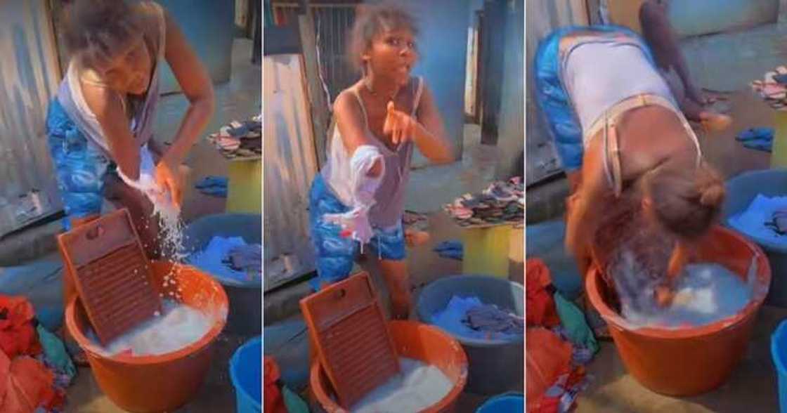 Lady washes with one hand, clothes Lady washes with one hand, clothes