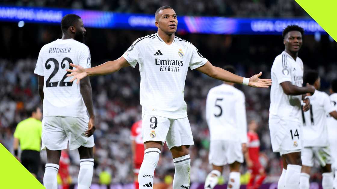 Kylian Mbappe celebrates after scoring for Real Madrid against Stuttgart in the UEFA Champions League.