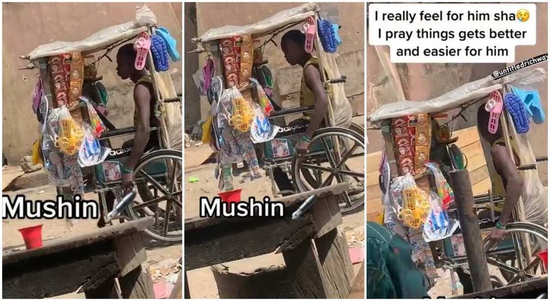 Photos of a disabled man using his wheelchair as a shop. Photos of a disabled man using his wheelchair as a shop.