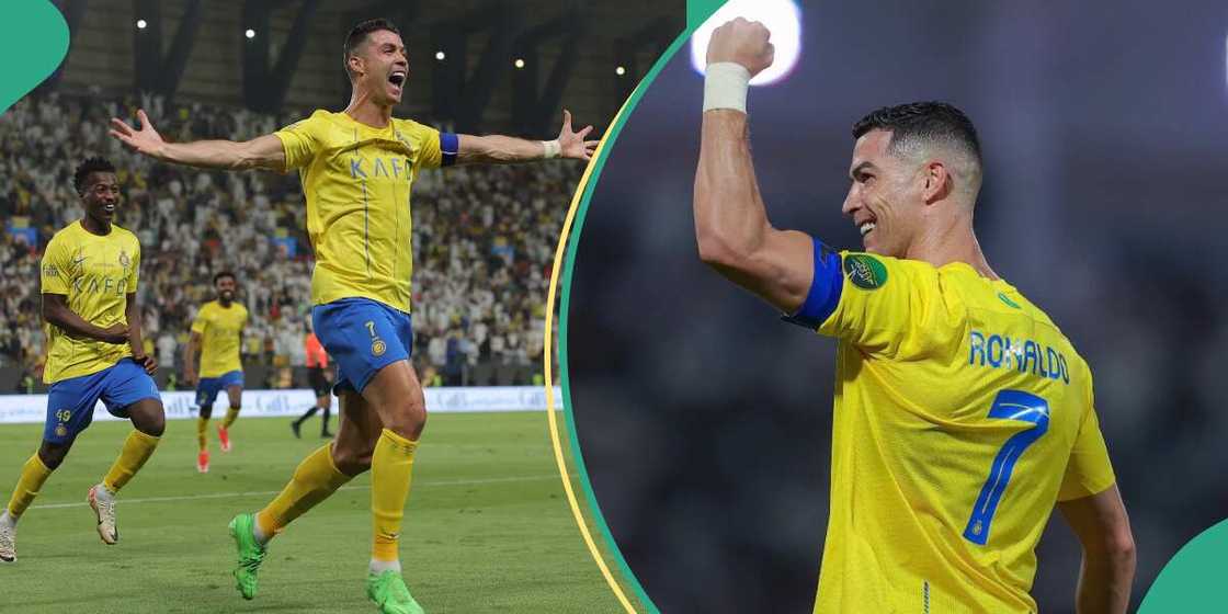 Cristiano Ronaldo celebrates after scoring a goal for Al Nassr. Cristiano Ronaldo celebrates after scoring a goal for Al Nassr.
