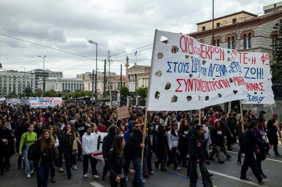 Many protesters urged the government of Prime Minister Kyriakos Mitsotakis to resign over what is the country's deadliest rail accident