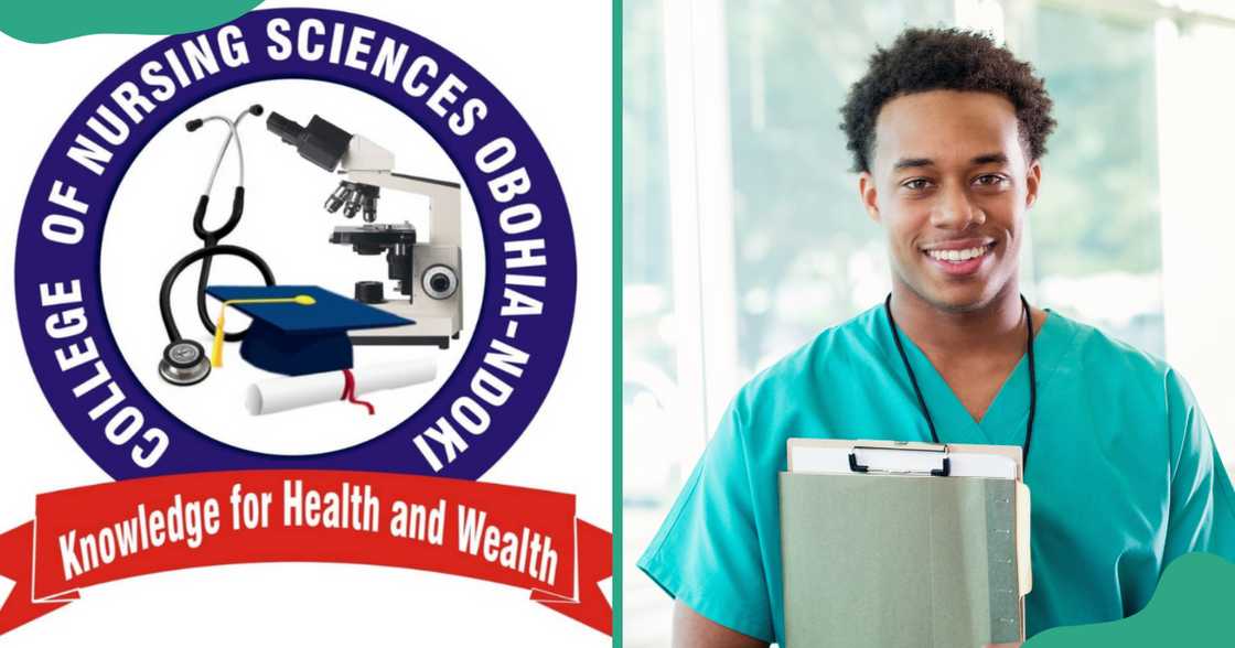 The College of Nursing Obohia logo (L). A student poses in green scrubs (R). The College of Nursing Obohia logo (L). A student poses in green scrubs (R).