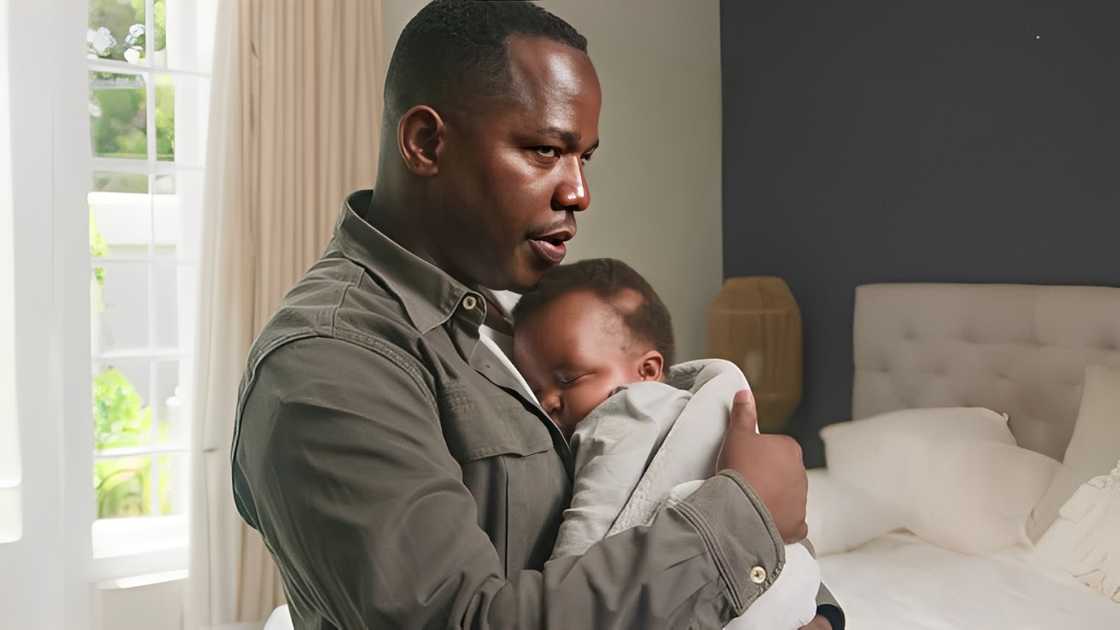 A loving father gently holds his baby