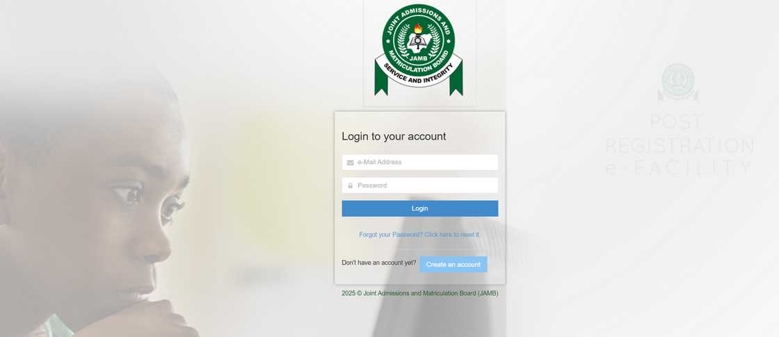 JAMB portal login page